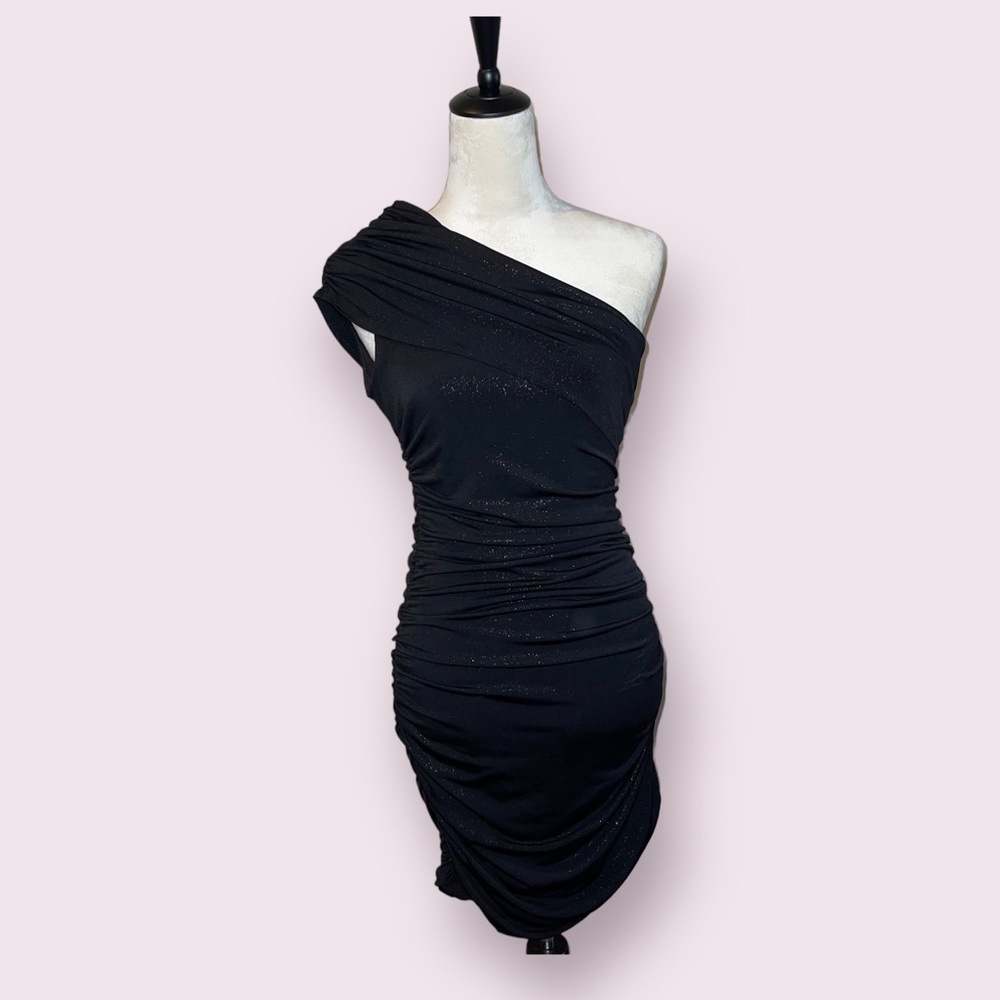 Sweet Storm One Shoulder Ruched Sparkley Black Mini Dress Size Women M